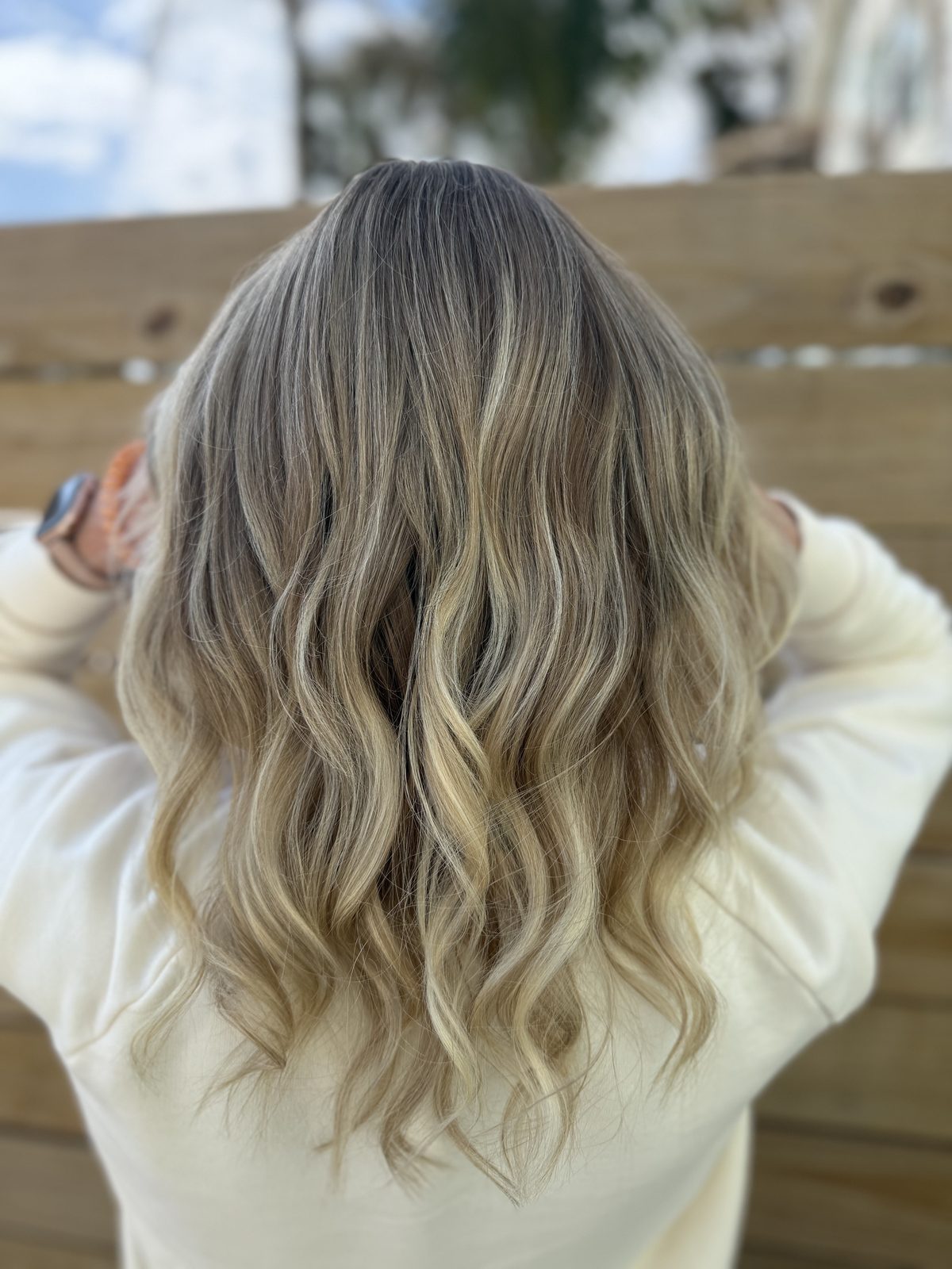 Balayage before and after, sun-kissed color