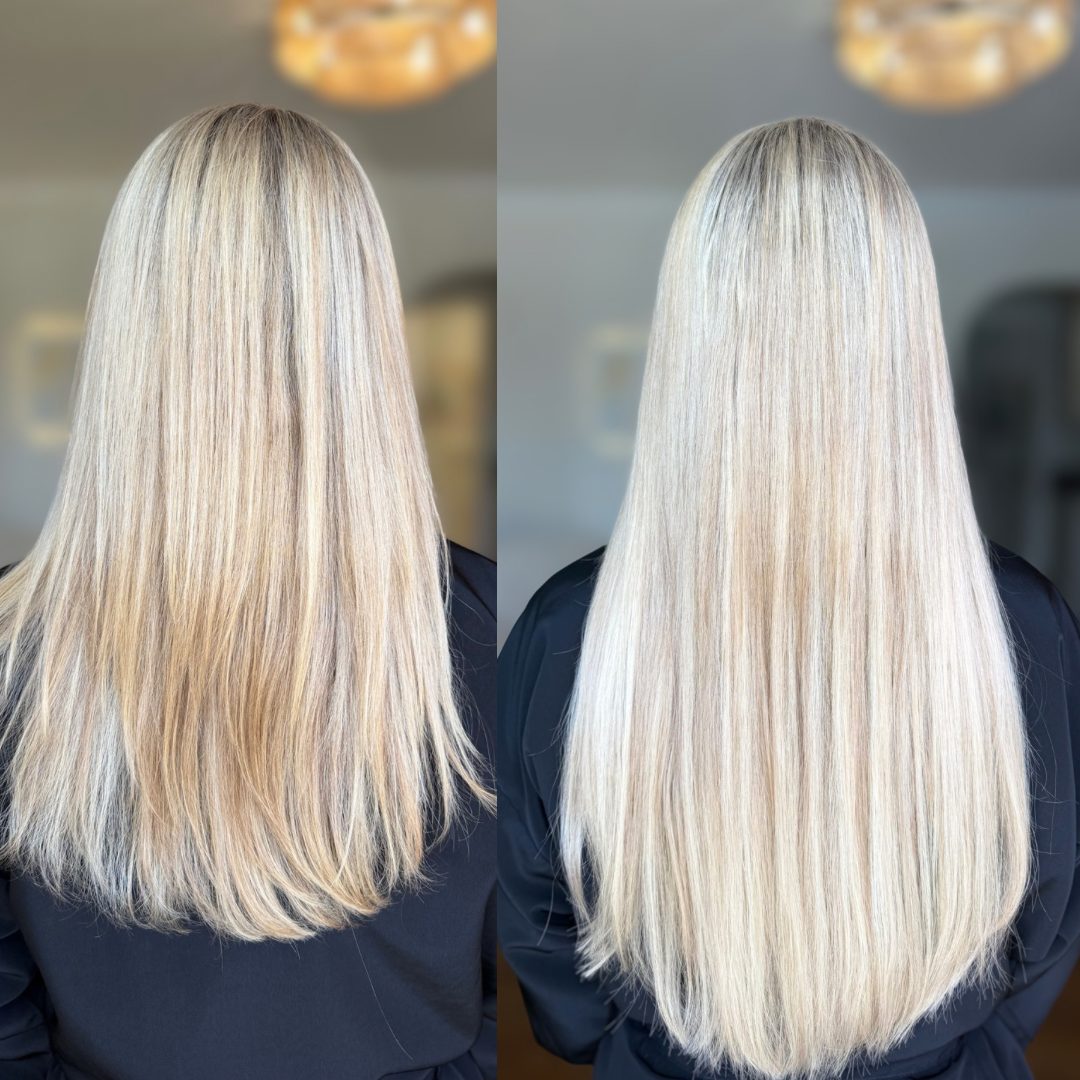 K-tip extension before and after, fuller and longer hair