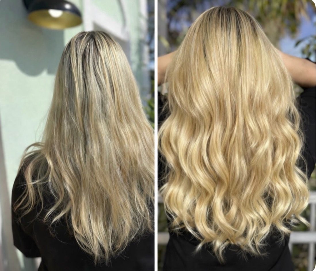 K-tip extension before and after, fuller and longer hair
