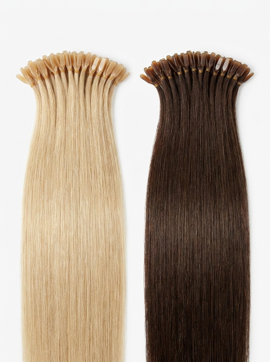 K-tip keratin bond extension strands in blonde and brunette