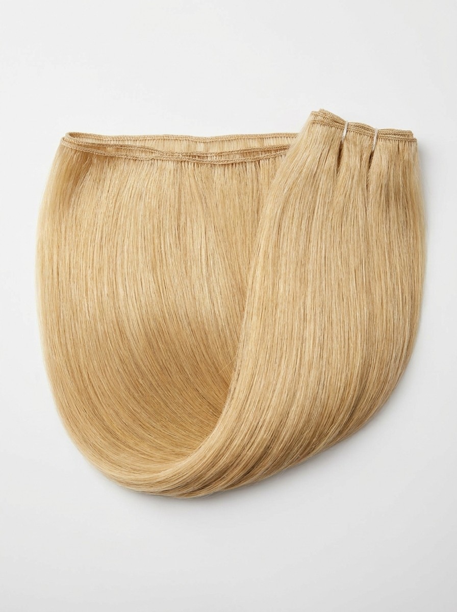 Hand-tied weft hair extension, blonde hair sewn on a thin weft seam